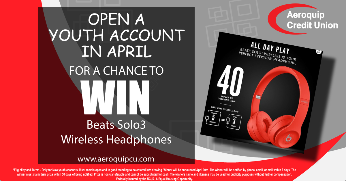Pair of headphones - written text: Open a new youth account for a chance to win beats solo 3 wireless headphones